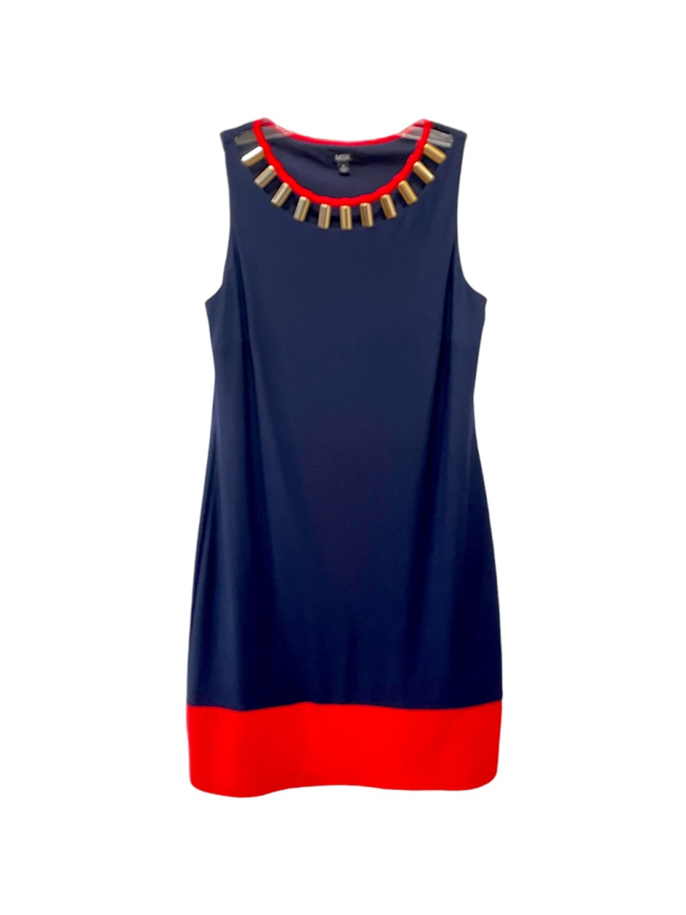 MSK Womens Size Medium Sleeveless Dress Navy Blue Red Embellished Neckline Gold
